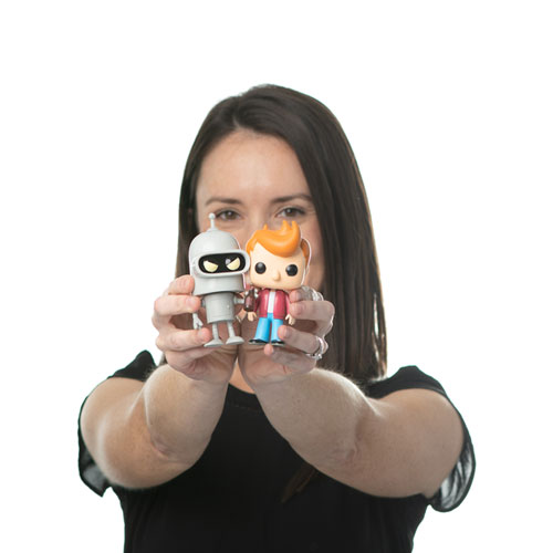 laura davis team member at orases holding futurama funko pop figures