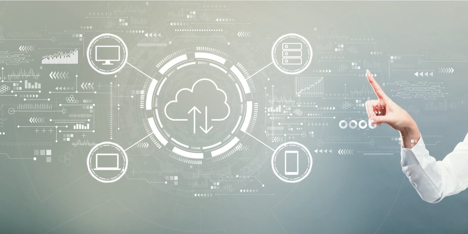 cloud computing with hand pressing a button on a gray background
