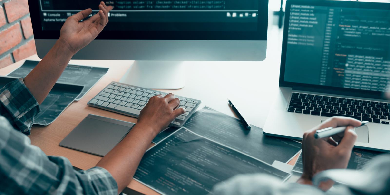 Two software developers working in computer while discussing