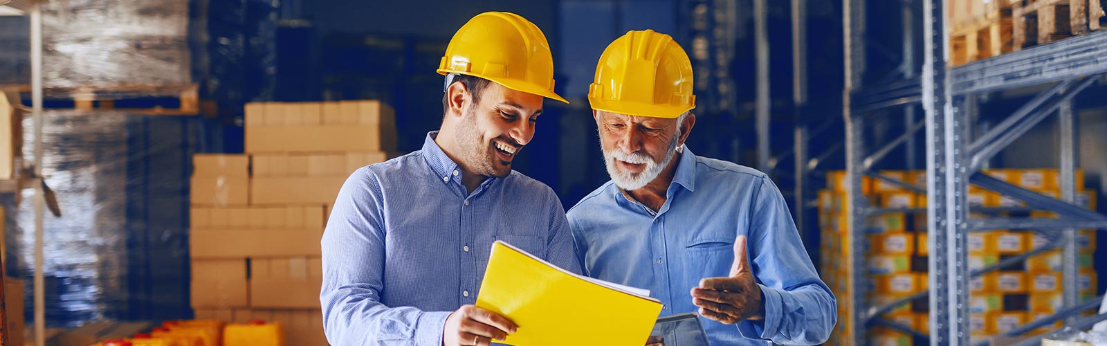 two businessmen looking at portfolios with inventory data