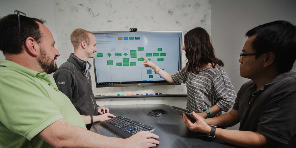 software developers at Orases reviewing software prototype planning made from waterfall project management