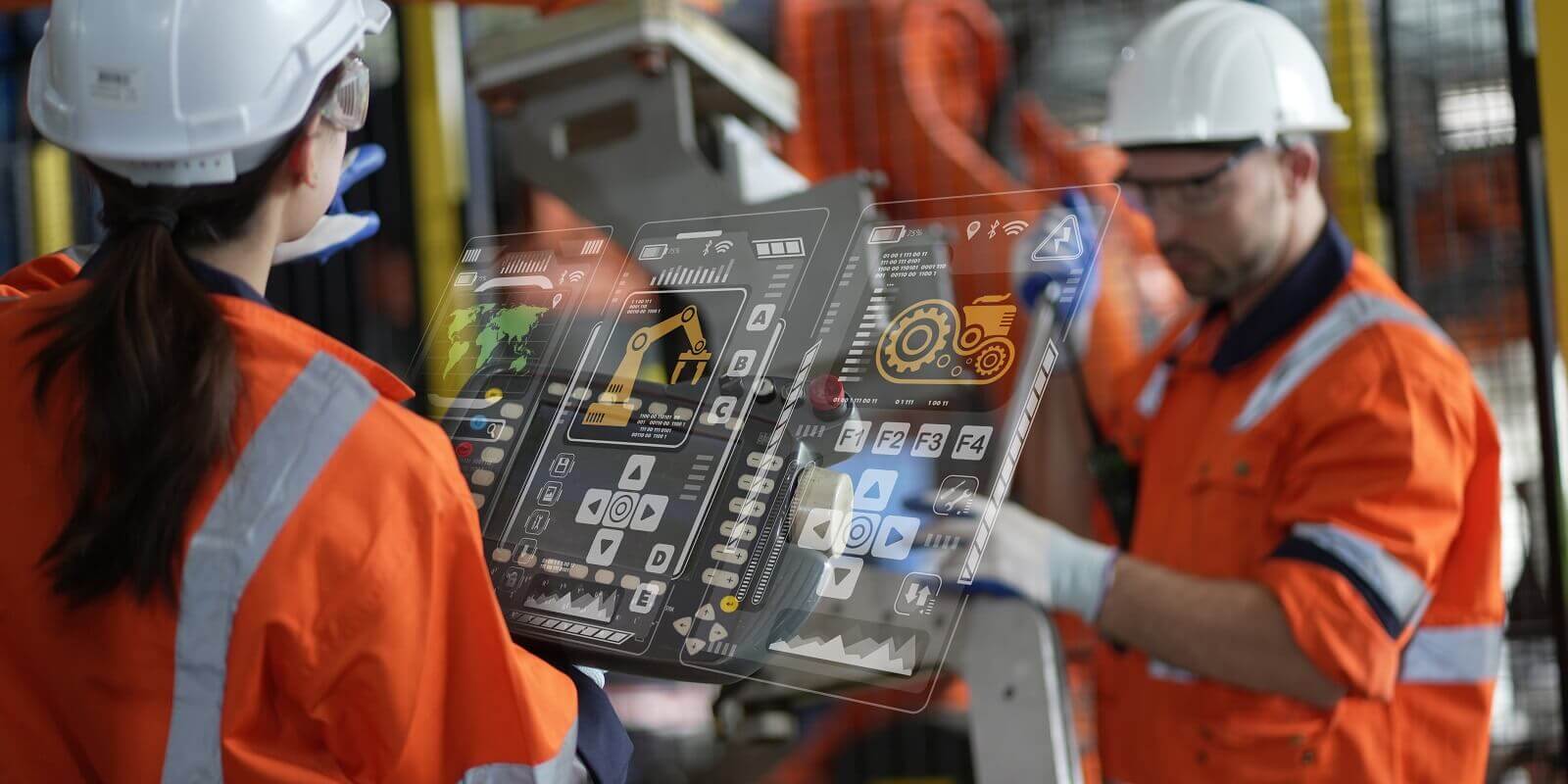engineer manager checking and controling automation robot arms machine in intelligent factory industrial on real time monitoring system software