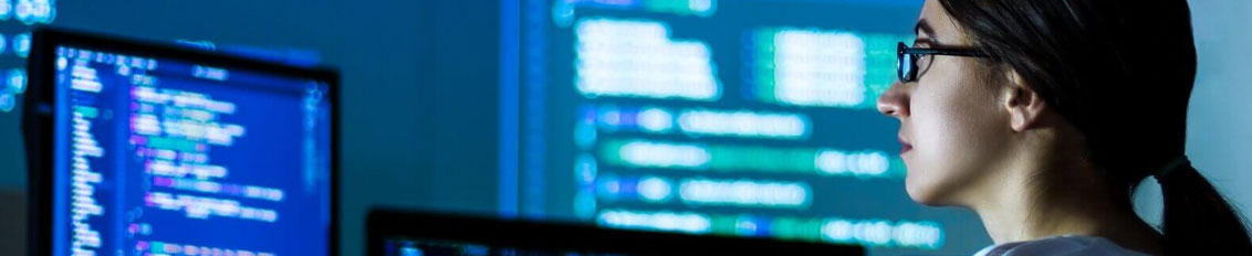Woman using IoT and blockchain technologies