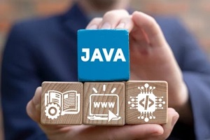 man dispaying java concept in wooden blocks