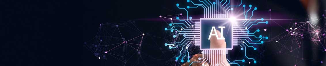 Vector of hand hovering over AI chip depicting AI transformation in manufacturing