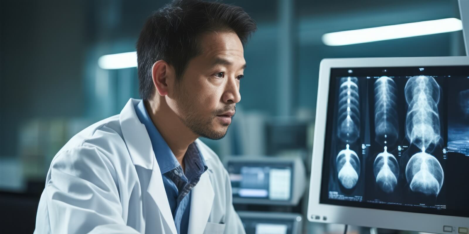 asian doctor examining patient's lung x-ray