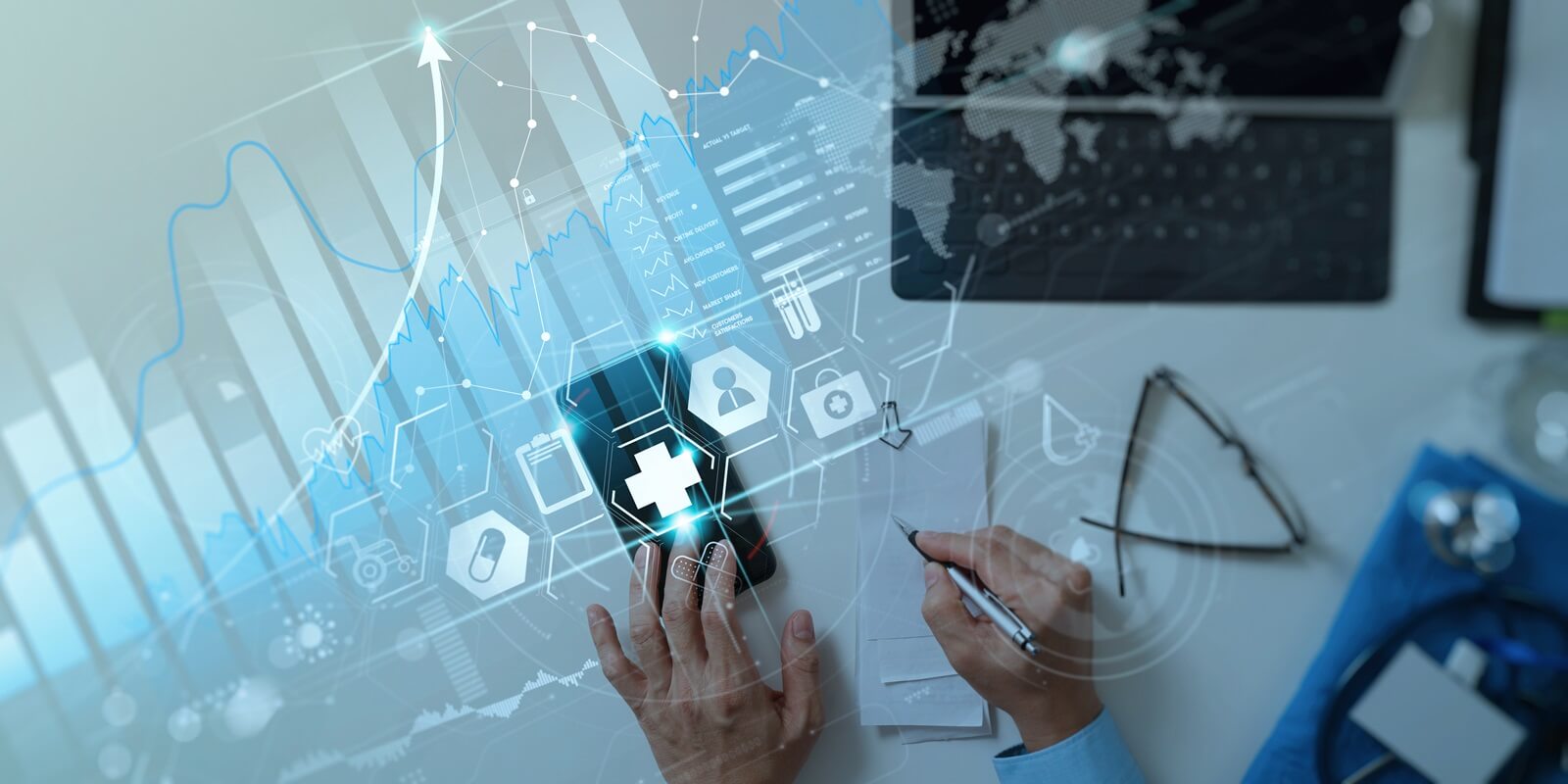 medical business vitual graph data and growth with medical examination and doctor analyzing medical report