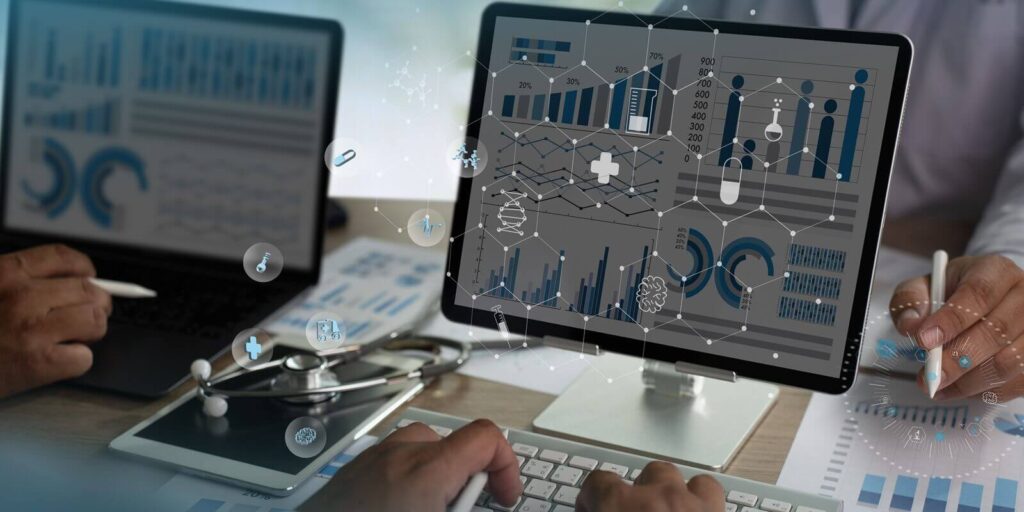 insurance healthcare doctor analyzing medical report and medical claims software on hospital background