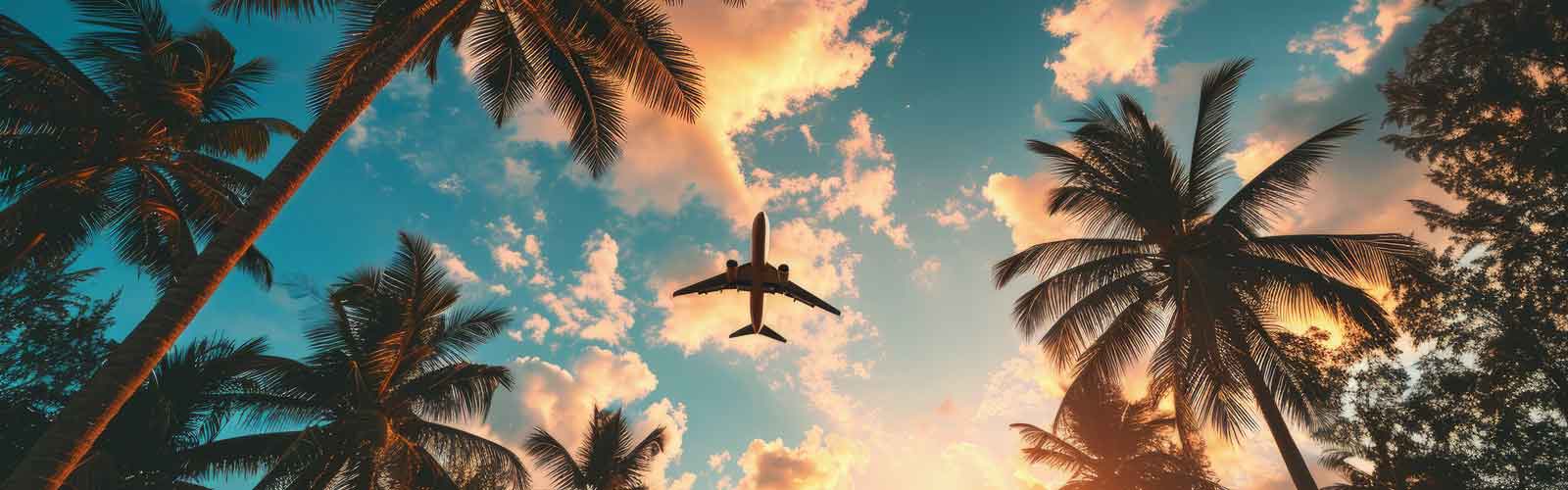 Plane flying over exotic island
