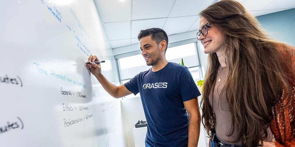orases employees in a strategy session